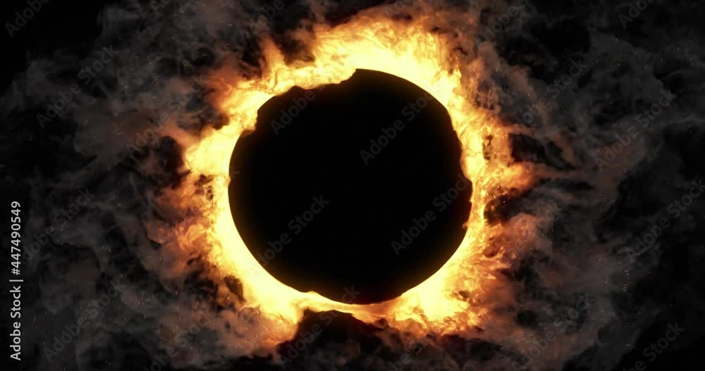 Pyrotechnic, Flaming ring with circular motion. ring of fire and flames, inferno, teleportation gate or solar eclipse. 4K seamless loop with alpha