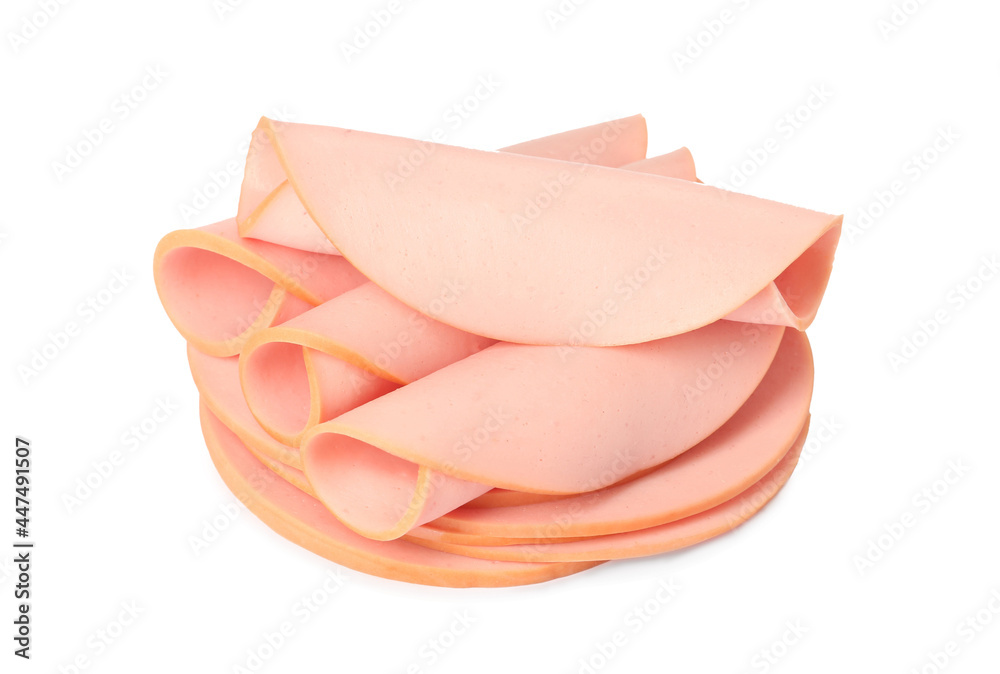 Slices of delicious boiled sausage on white background Slices of delicious boiled sausage on white background