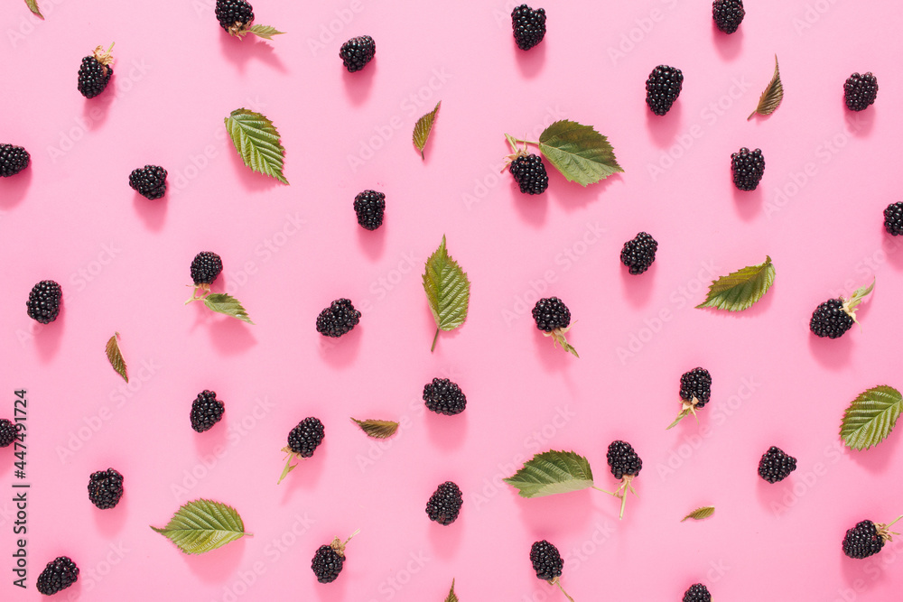 Gorgeous fruit pattern of berries on pink background. Fresh ,organic blackberries and leaves . Top view.Flat lay. Gorgeous fruit pattern of berries on pink background. Fresh ,organic blackberries and leaves . Top view.Flat lay.