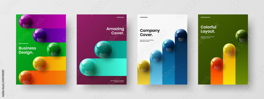 Vivid realistic spheres front page concept collection. Clean booklet A4 vector design illustration composition.