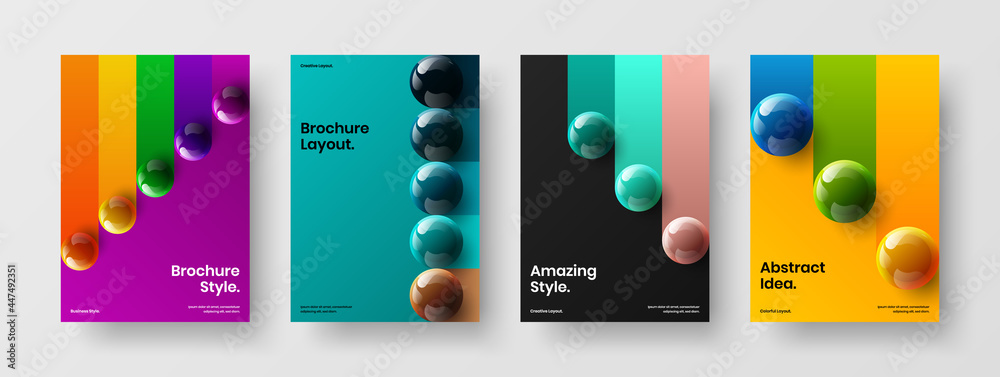 Bright 3D spheres booklet template composition. Modern postcard A4 design vector concept collection.