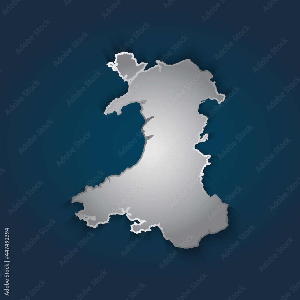 Obraz premium Wales map 3D metallic silver with chrome, shine gradient on dark blue background. Vector illustration EPS10.