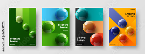 Unique postcard A4 design vector illustration composition. Colorful 3D spheres poster template set.