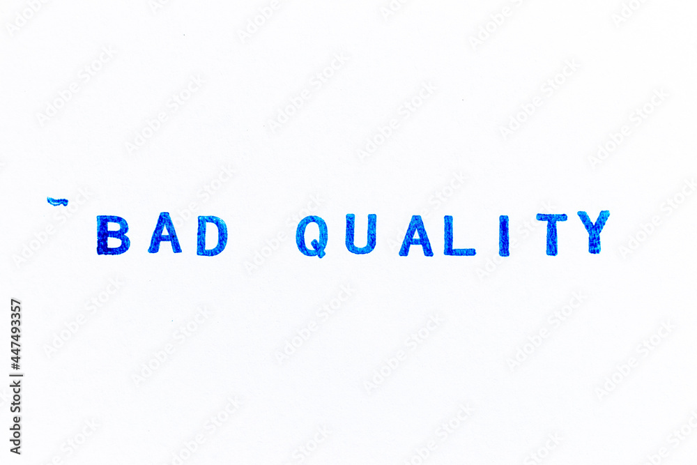 Blue color ink of rubber stamp in word bad quality on white paper background