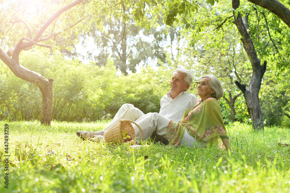 Senior couple sitting on the grass in the park Senior couple sitting on the grass in the park