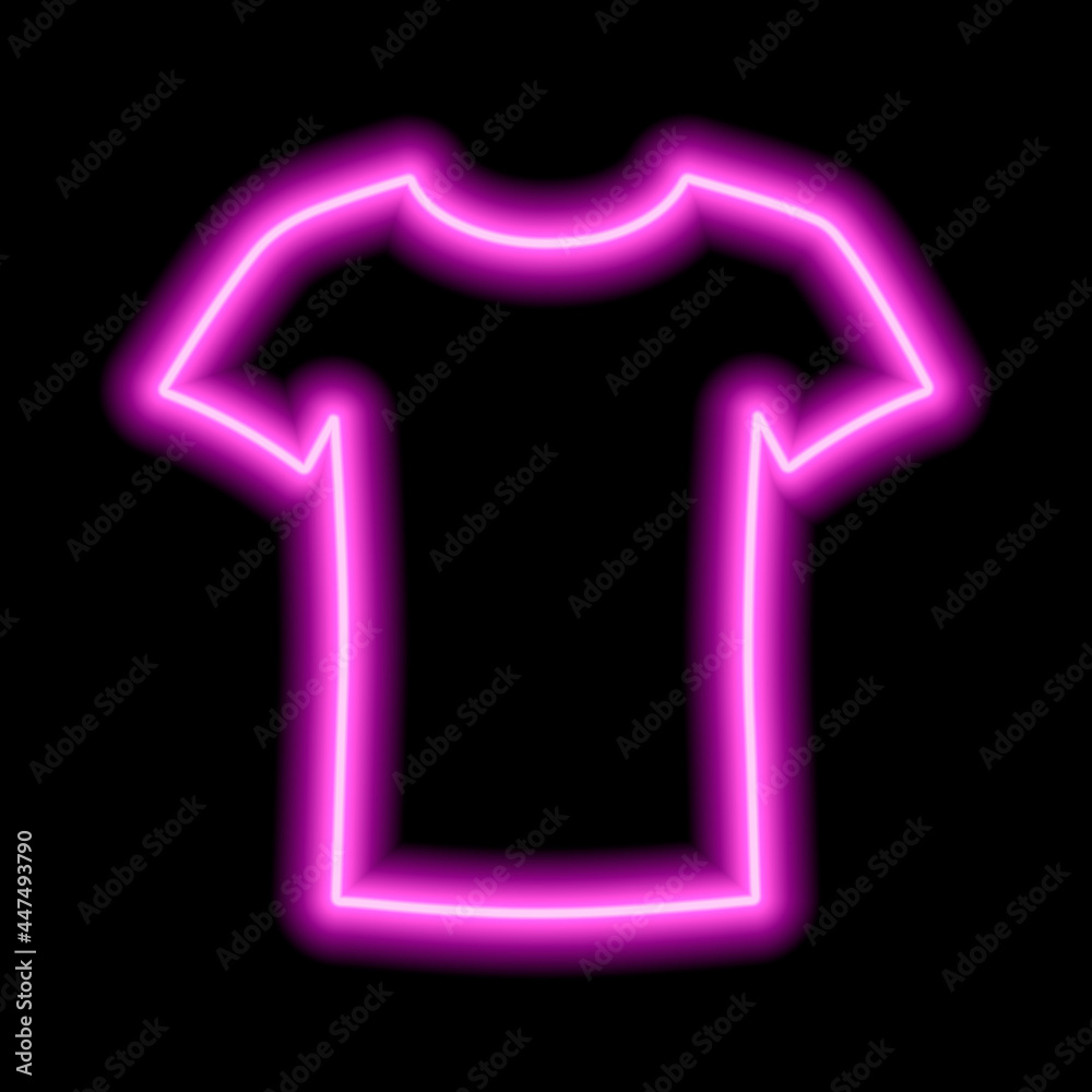 Pink neon outline of a blank T-shirt on a black background