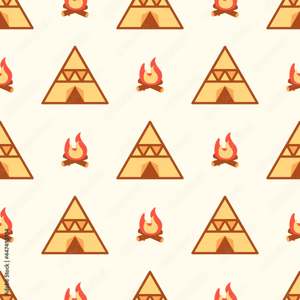 Seamless pattern of native tent camping and campfire in flat style. ready to use for cloth, textile, wrap and other.