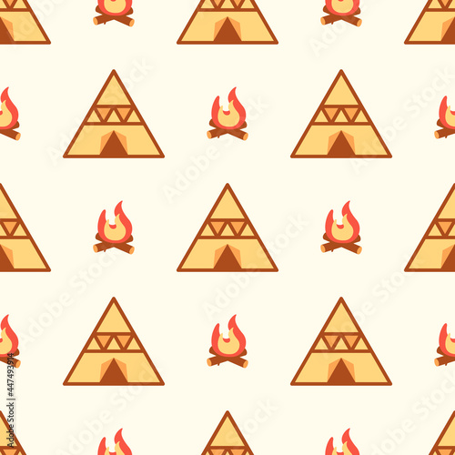 Seamless pattern of native tent camping and campfire in flat style. ready to use for cloth, textile, wrap and other.