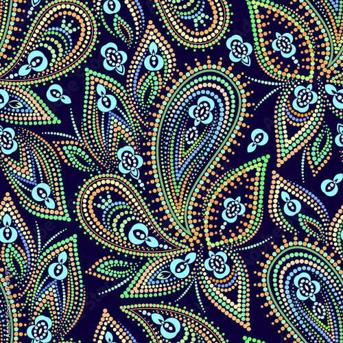 Seamless colorful dotted pattern with paisley. Traditional ethnic ornament. Vector print. Use for wallpaper, pattern fills,textile design.