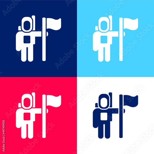 Astronaut Space Traveller With A Flag blue and red four color minimal icon set