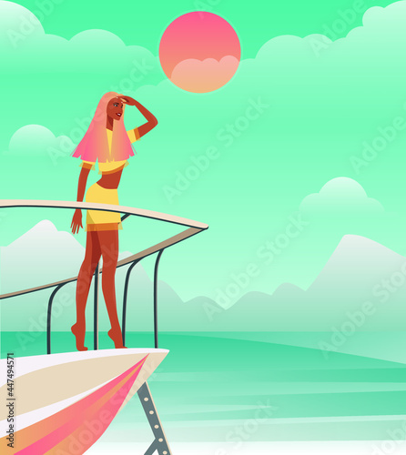 Digital illustration of a girl in summer on vacation on a yacht looks at the landscape ocean sea mountains