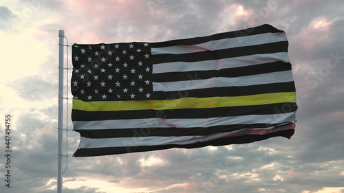 Thin Yellow Line American Flag - a sign to honor and respect American Dispatchers, Security Guards and Loss Prevention. 3d rendering