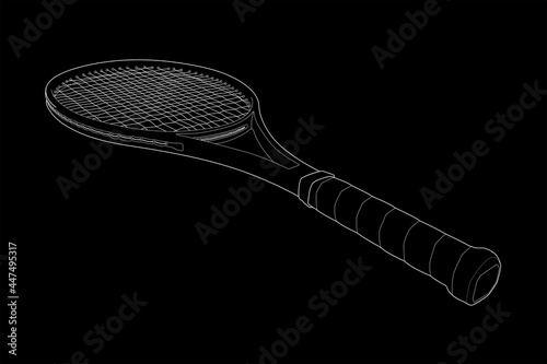 3D wireframe perspective tennis racket. Vector illustration on black background