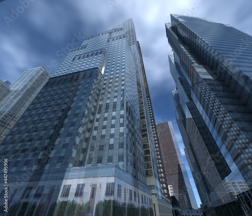 Skyscrapers and sky  high-rise buildings bottom view  modern cityscape  3d rendering