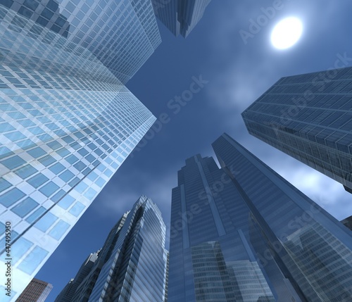 Skyscrapers and sky, high-rise buildings bottom view, modern cityscape, 3d rendering