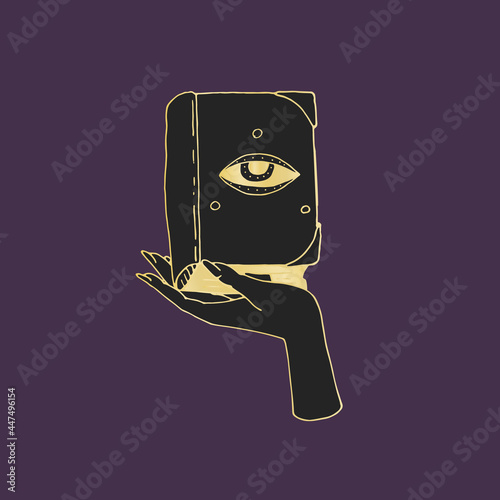 Vintage Mystic Spell Book with evil eye on cover in female hand Illustration