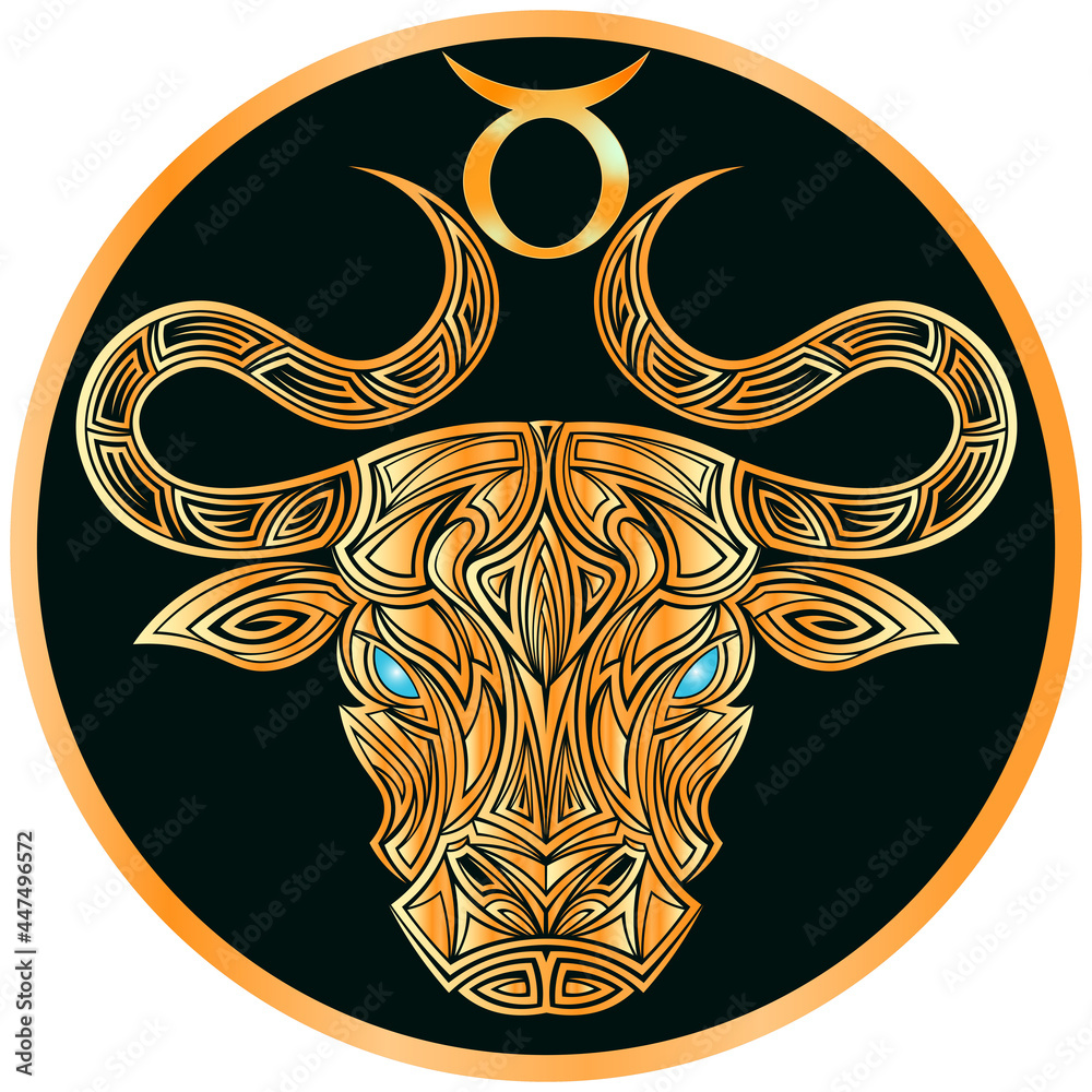 Gold taurus image with golden zodiac sign and symbol medallion ...