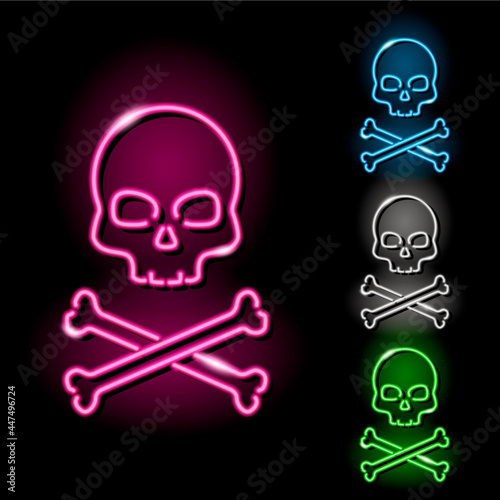 Set of neon skull and crossbones icons in four different colors isolated on black background. Pirates, danger, death, sceleton concept. Night signboard style. Vector 10 EPS illustration.