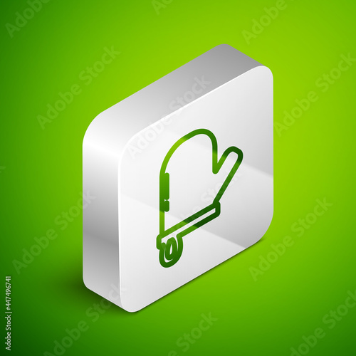 Isometric line Oven glove icon isolated on green background. Kitchen potholder sign. Cooking glove. Silver square button. Vector