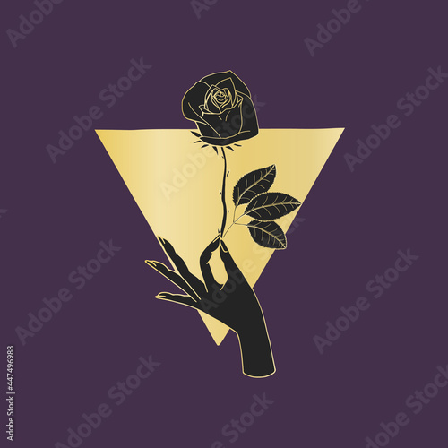 Vintage Boho Mystic Hand holding rose flower drawing on triangle shape background.