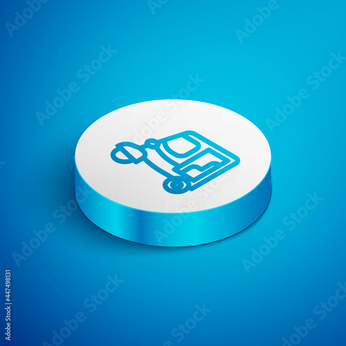 Isometric line Taxi tuk tuk icon isolated on blue background. Indian auto rickshaw concept. Delhi auto. White circle button. Vector