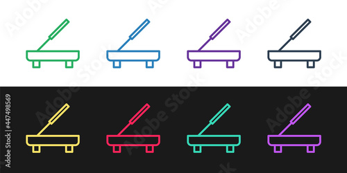 Set line Scented spa stick on a wooden stand icon isolated on black and white background. Incense stick. Cosmetic procedure aromatherapy. Vector
