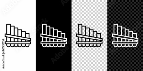 Set line Pan flute icon isolated on black and white background. Traditional peruvian musical instrument. Zampona. Folk instrument from Peru, Bolivia and Mexico. Vector