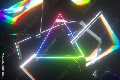 3d render, abstract futuristic background, triangular frame broken glass debris and neon light colorful spectrum, glowing laser rays photo