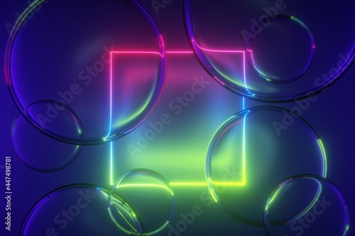 3d render, abstract colorful neon background with square frame and glass balls. Glowing geometric shape and clear bubbles