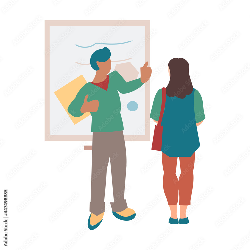 Man and woman visit gallery of modern art.Flat vector illustration on white background