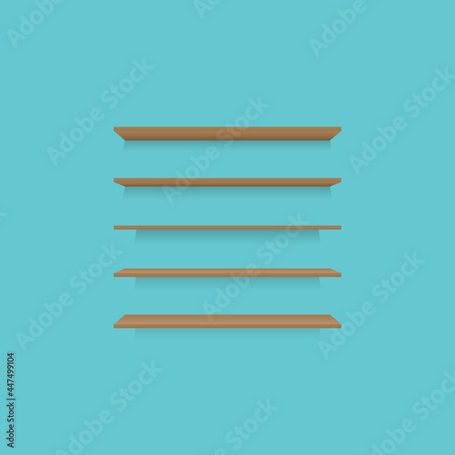 Empty book shelves, wood shelves for shop and store interior design. Vector illustration
