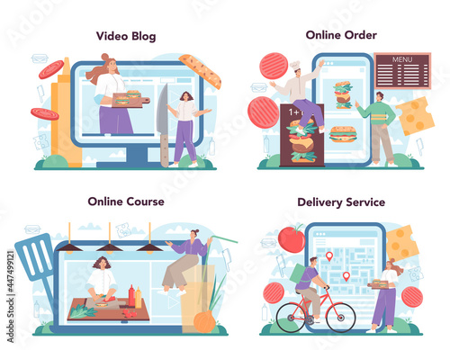Fast food, burger house online service or platform set. Chef cook tasty