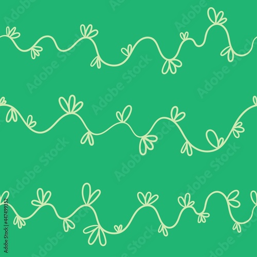 Seamless pattern with different plants on  green background. Vector print with herbs. Botanical doodle wallpaper.
