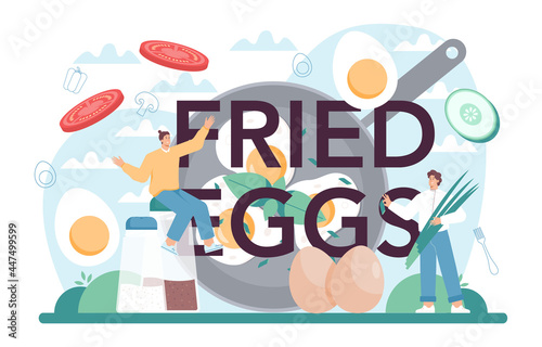 Fried eggs typographic header. Scrambled, fried, poached eggs