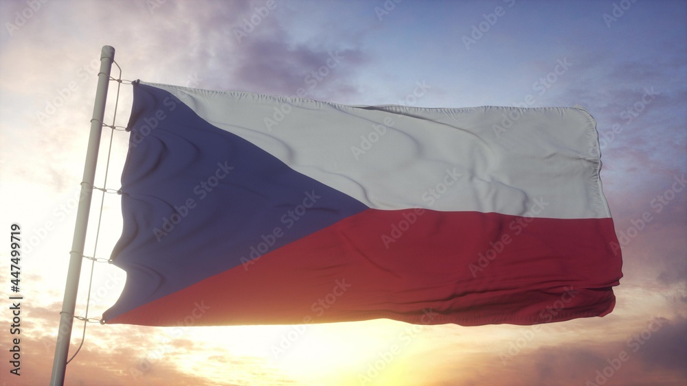 Flag of Czech Republic waving in the wind against deep beautiful sky. 3d rendering