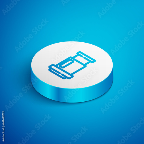 Isometric line Aeropress coffee method icon isolated on blue background. Device for brewing coffee. White circle button. Vector