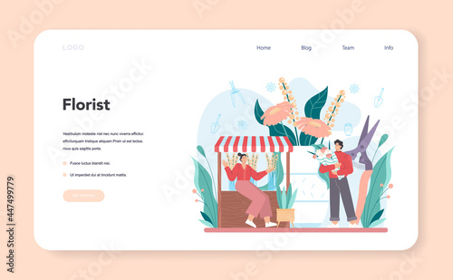 Florist web banner or landing page. Floral designer making bouquet