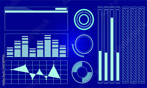 set of cyberpunk HUD elements on a blue background. Sci-fi futuristic blue dashboard display virtual reality technology screen