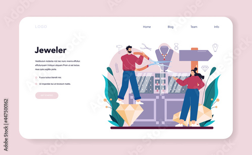 Jeweler web banner or landing page. Goldsmith examining