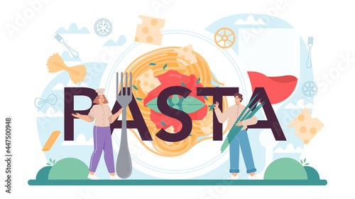Pasta typographic header. Italian food on the plate. Delicious dinner,