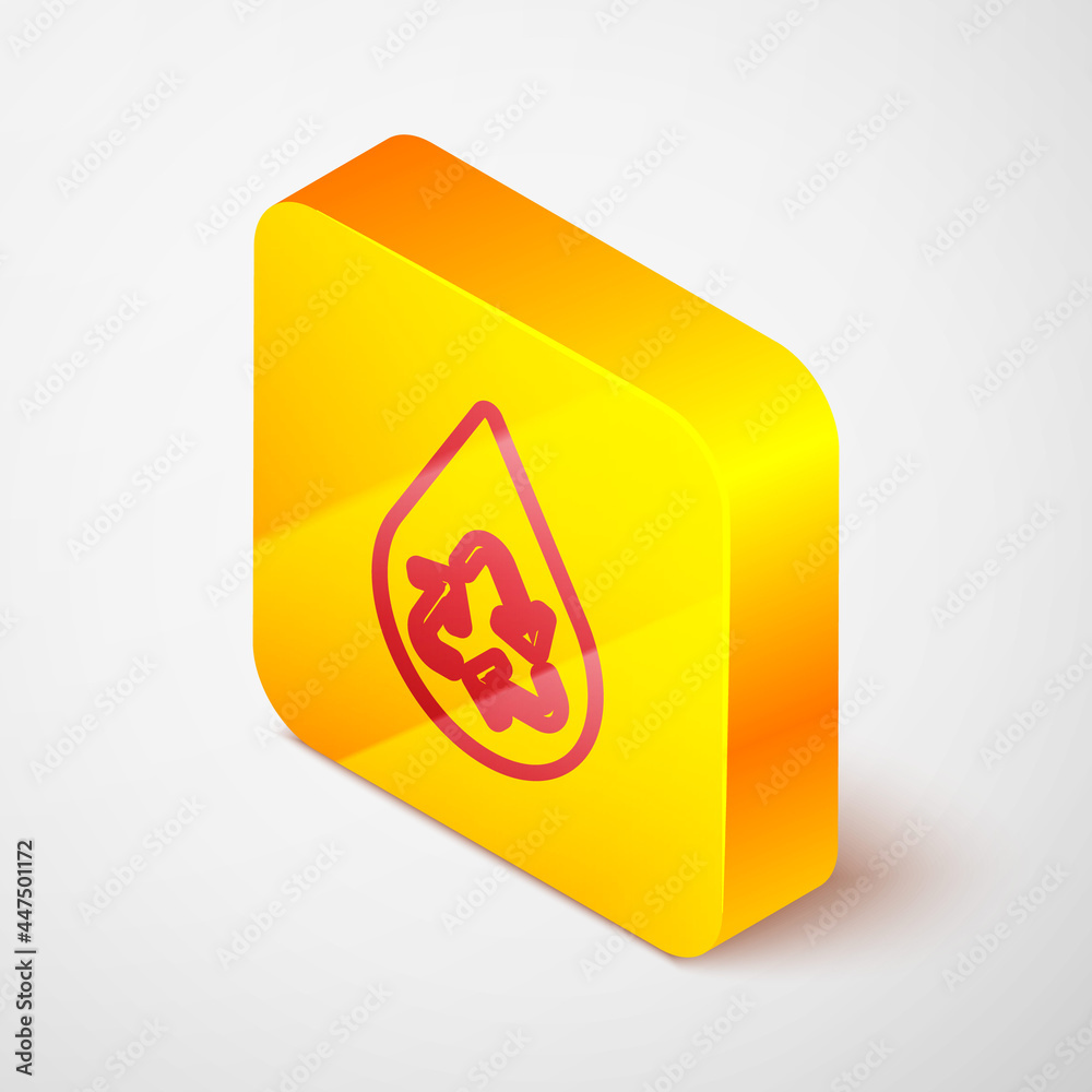 Isometric line Recycle clean aqua icon isolated on grey background. Drop of water with sign recycling. Yellow square button. Vector Isometric line Recycle clean aqua icon isolated on grey background. Drop of water with sign recycling. Yellow square button. Vector