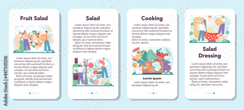 Fresh salad mobile application banner set. Peopple cooking organic