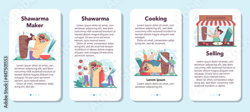 Shawarma street food mobile application banner set. Chef cooking delicious