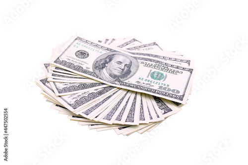 100 US dollars banknotes on white background