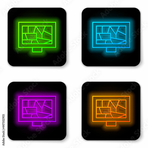Glowing neon line Picture art icon isolated on white background. Black square button. Vector