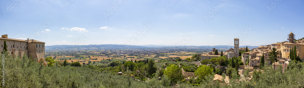 View of the landscape from Piazza Santa Chiara in Assisi, with the church of Saint Mary Maggiore in view