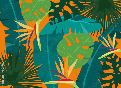Bright tropical background with jungle plants. Exotic background with palm leaves. Vector illustration