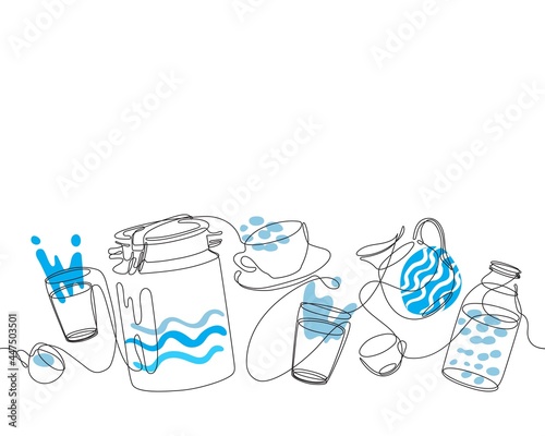 Milk can, jug, glass and bottle. Kitchen pattern. Cooking. One line drawing.