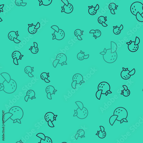 Black line Orange fruit icon isolated seamless pattern on green background. Vector