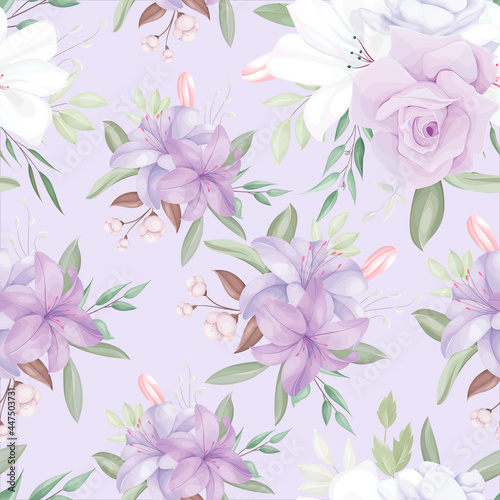 elegant seamless pattern with beautiful white and purple flowers and leaves © mariadeta